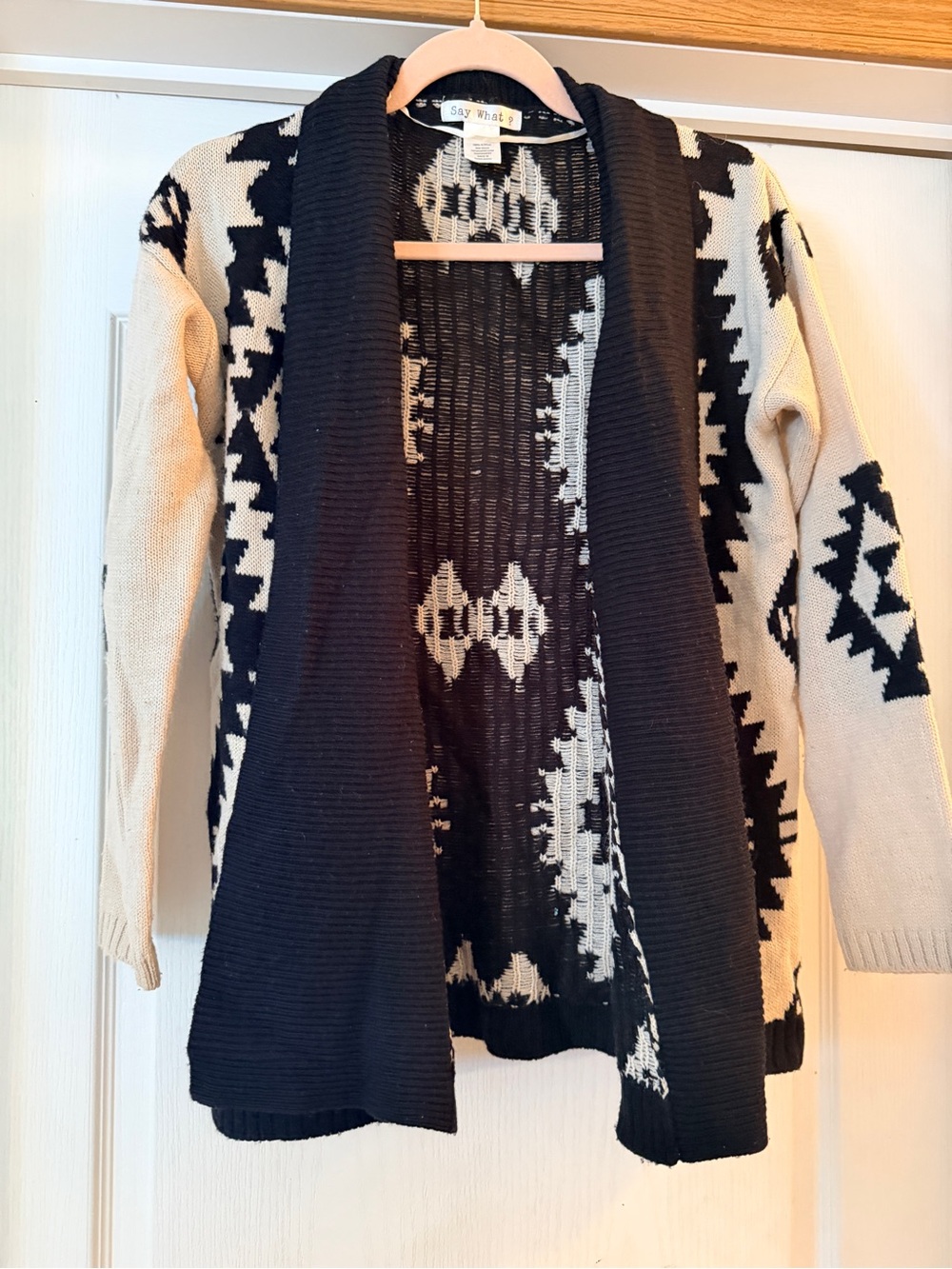 Tribal Knit Open-Front Cardigan Sweater - Black & Cream